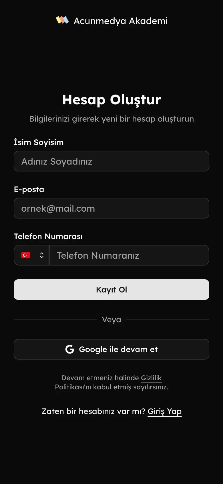 Mobile Registrierung – Kontoerstellung mit Feldern für Name, E-Mail und Telefon, einspaltig auf dem Smartphone.