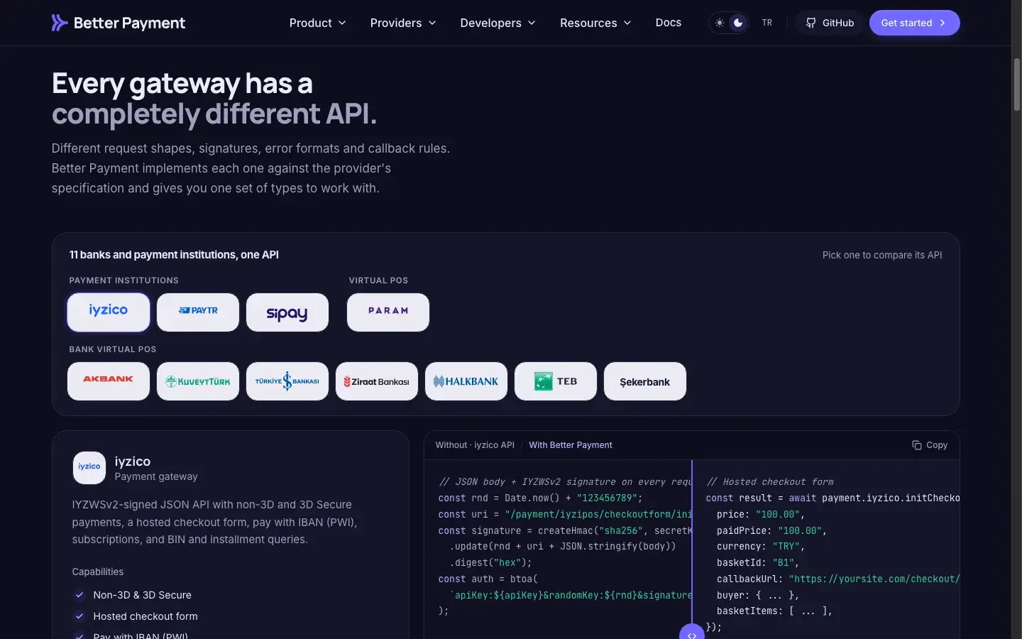 Comparación de proveedores: la API propia de cada proveedor junto a la llamada de Better Payment.