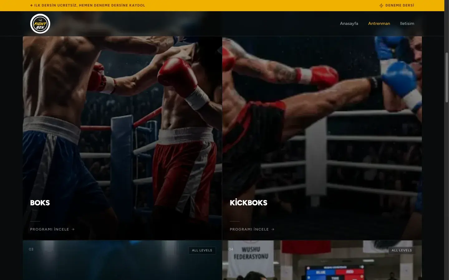 Cuadrícula de disciplinas: boxeo, kickboxing, Muay Thai y Wushu, cada uno en su propia tarjeta, y cada tarjeta lleva al programa.