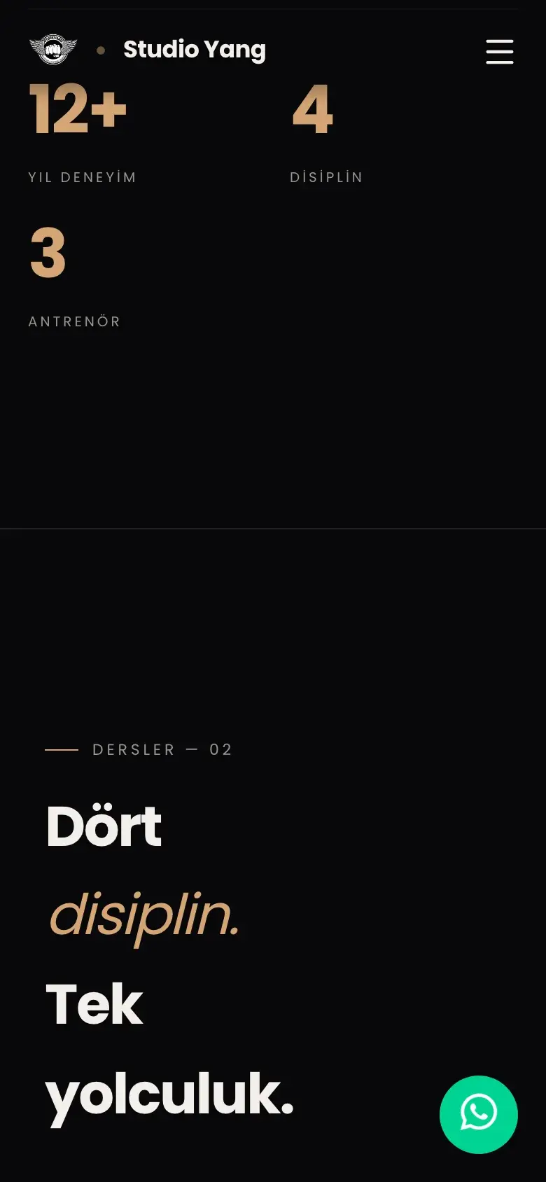 Mobile Ansicht – Der Bereich mit den vier Disziplinen auf dem Smartphone, einspaltig mit großen, gut lesbaren Überschriften.
