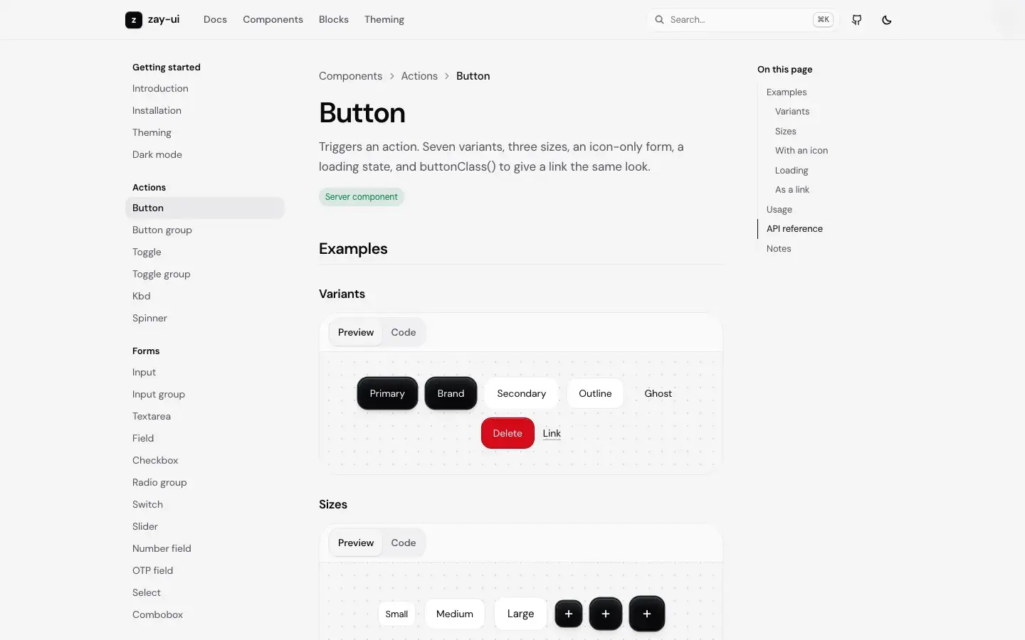 Component page — A live preview with copyable code and an API table for every component.