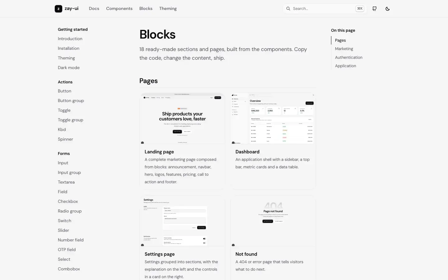 Blocks — Ready-made sections such as a landing page, dashboard, settings and sign-in screens.