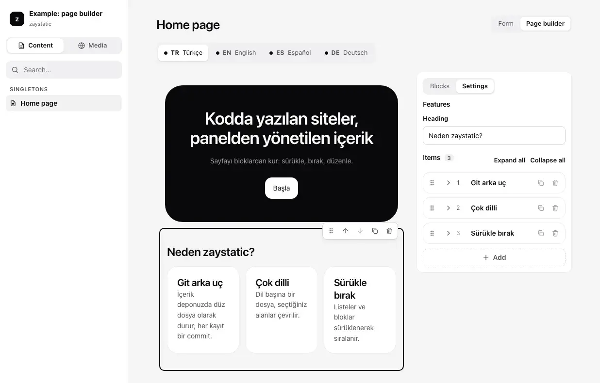 Sayfa oluşturucu — Sitenin kendi bileşenleriyle çizilen sayfa; sağda palet ve ayarlar.