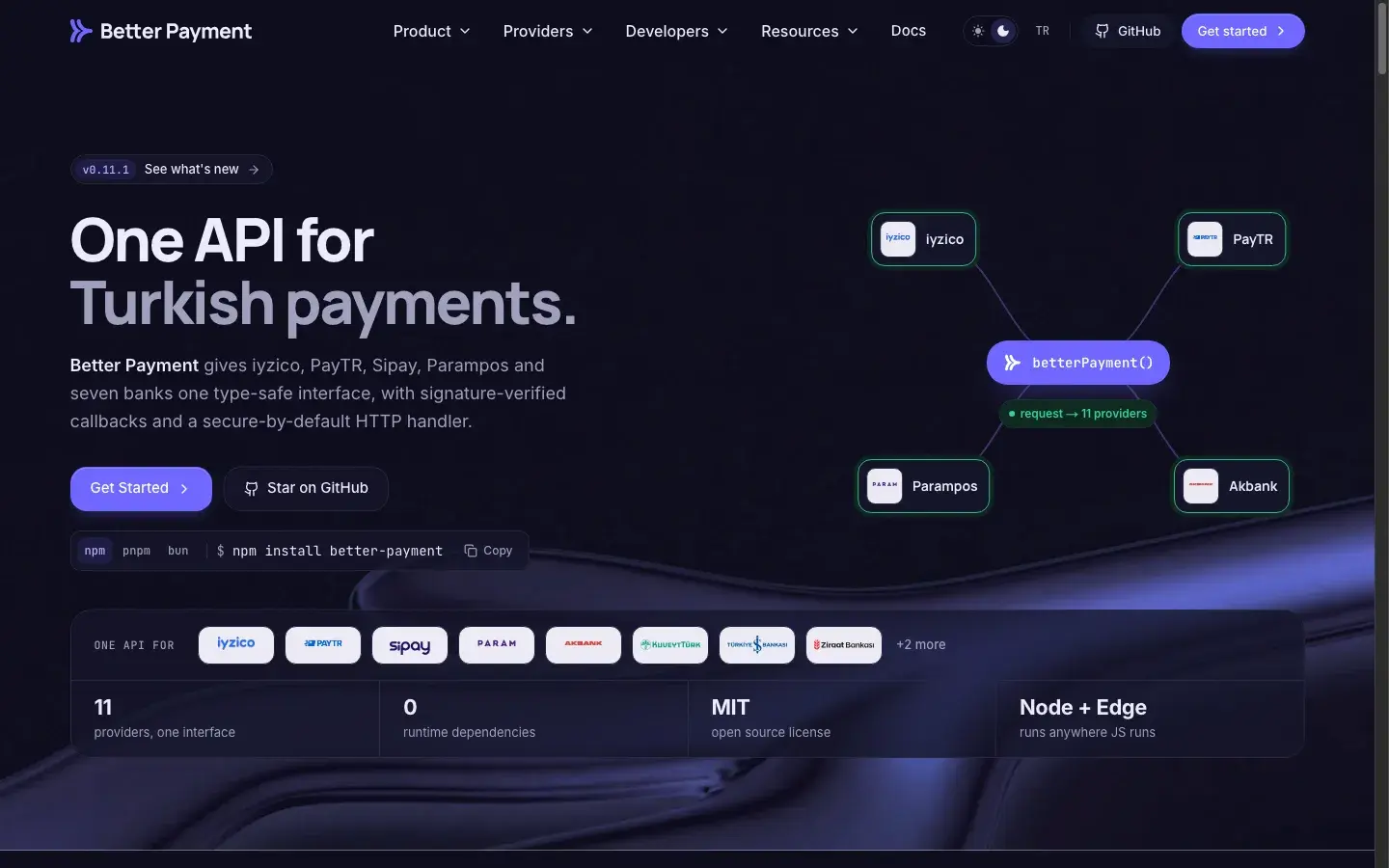 Página de inicio: una sola API para los proveedores de pago turcos, el comando de instalación y la red de proveedores en la primera pantalla.