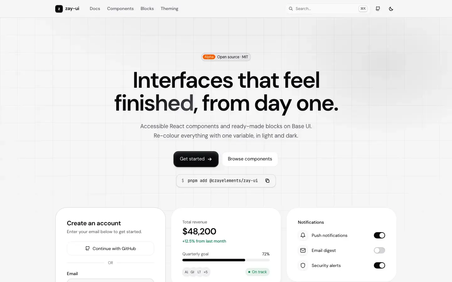 Home page — Components re-coloured with a single variable, the install command and sample cards.